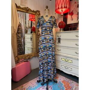 vintage 1970s geometric retro print maxi dress empire waist mesh jersey small